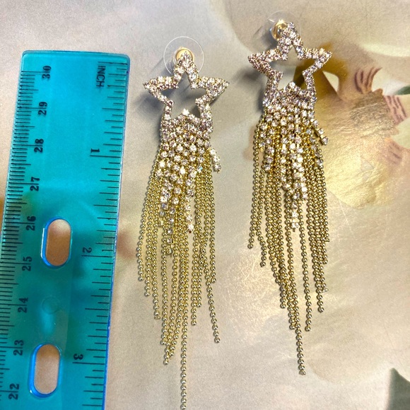 Gold Tone Rhinestone Star 🌟 Tassel Earrings - Picture 4 of 5